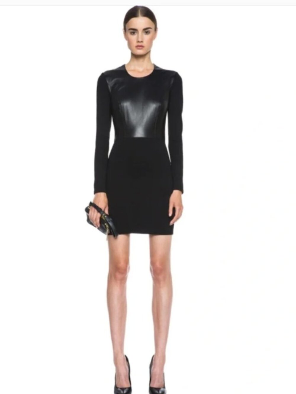 Helmut Lang Black Leather & Jersey Long Sleeve Mini Dress Size S